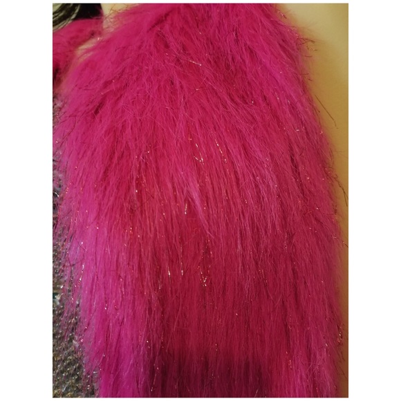 DREAMWORKS Trolls Shimmery Hot Neon Pink Monster Fur Cropped Vest Top - Picture 6 of 10